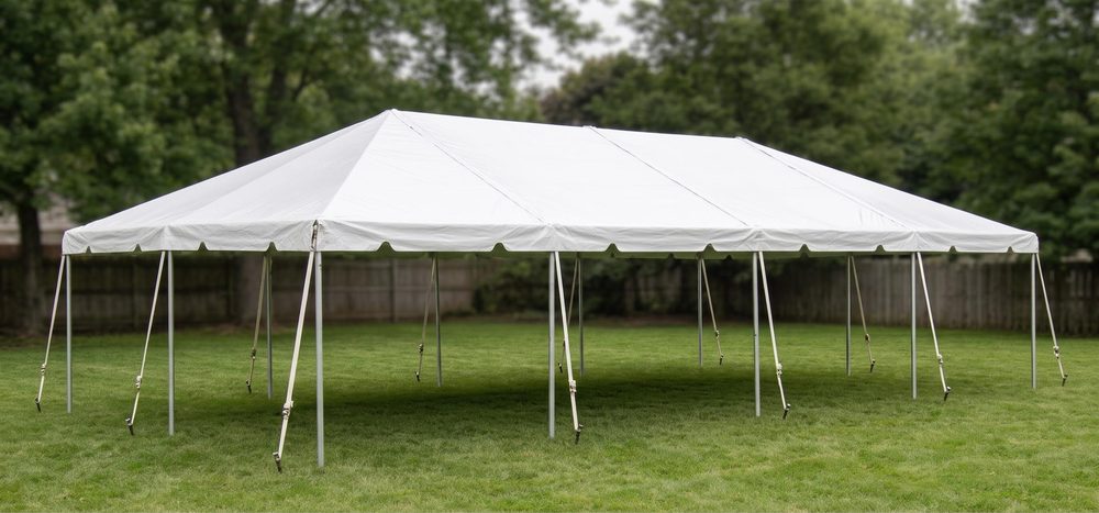 20 by 40 white frame tent on grass, staked, daylight